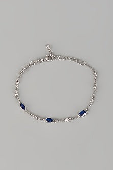 White Finish Blue Sapphire Stone Tennis Bracelet In Sterling Silver