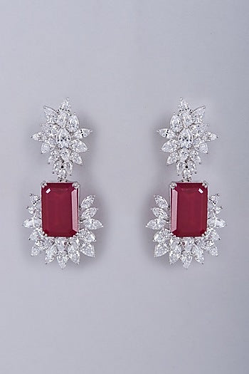White Finish Semi-Precious Ruby Dangler Earrings In Sterling Silver