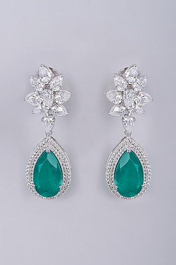 White Finish Semi-Precious Emerald Dangler Earrings In Sterling Silver