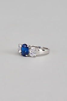 White Finish Swarovski & Synthetic Sapphire Stone Ring In Sterling Silver