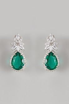 White Finish Green Drop & Swarovski Dangler Earrings In Sterling Silver