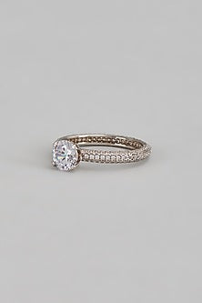 White Finish 0.50c Diamond & Swarovski Stone RIng In Sterling Silver