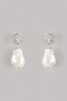 Whit Finish Pearl Drop & Diamond Dangler Earrings In Sterling Silver