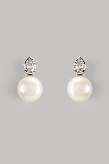 White Finish Pearl Stud Earrings