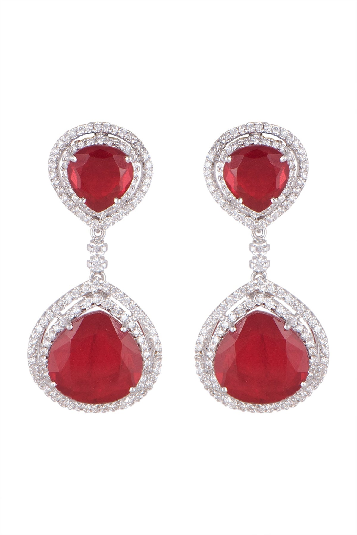 White Finish Ruby Long Earrings In Sterling Silver