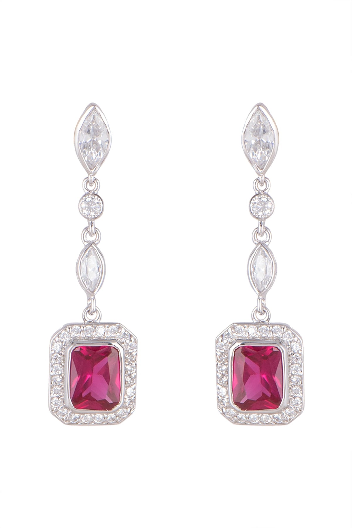 White Finish Ruby Hanging Earrings In Sterling Silver
