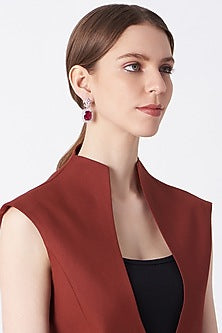White Finish Ruby & Zircon Stud Earrings In Sterling Silver