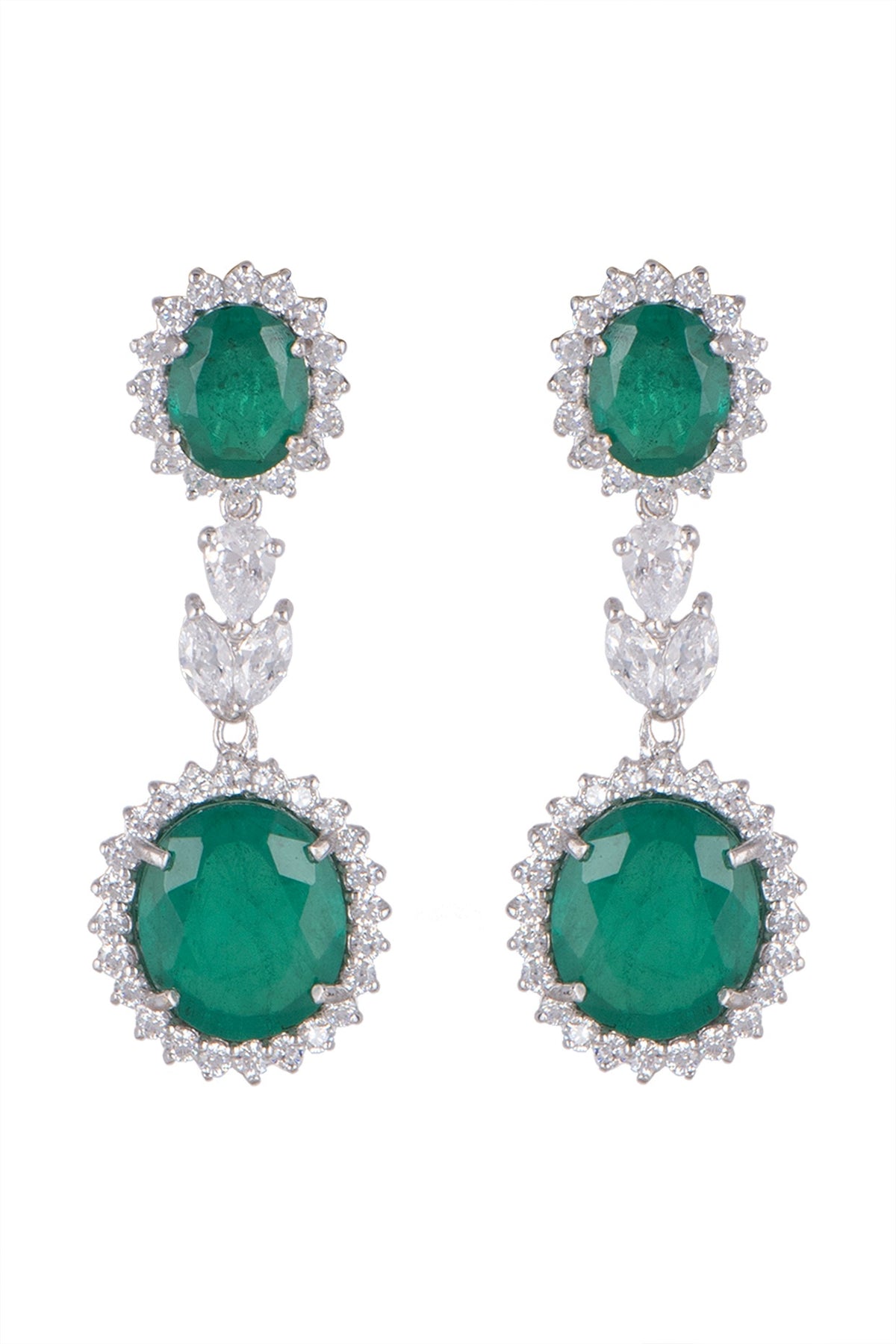 White Finish Emerald Long Earrings In Sterling Silver