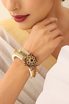 Gold Finish Handcrafted Red & Green Stone Kada