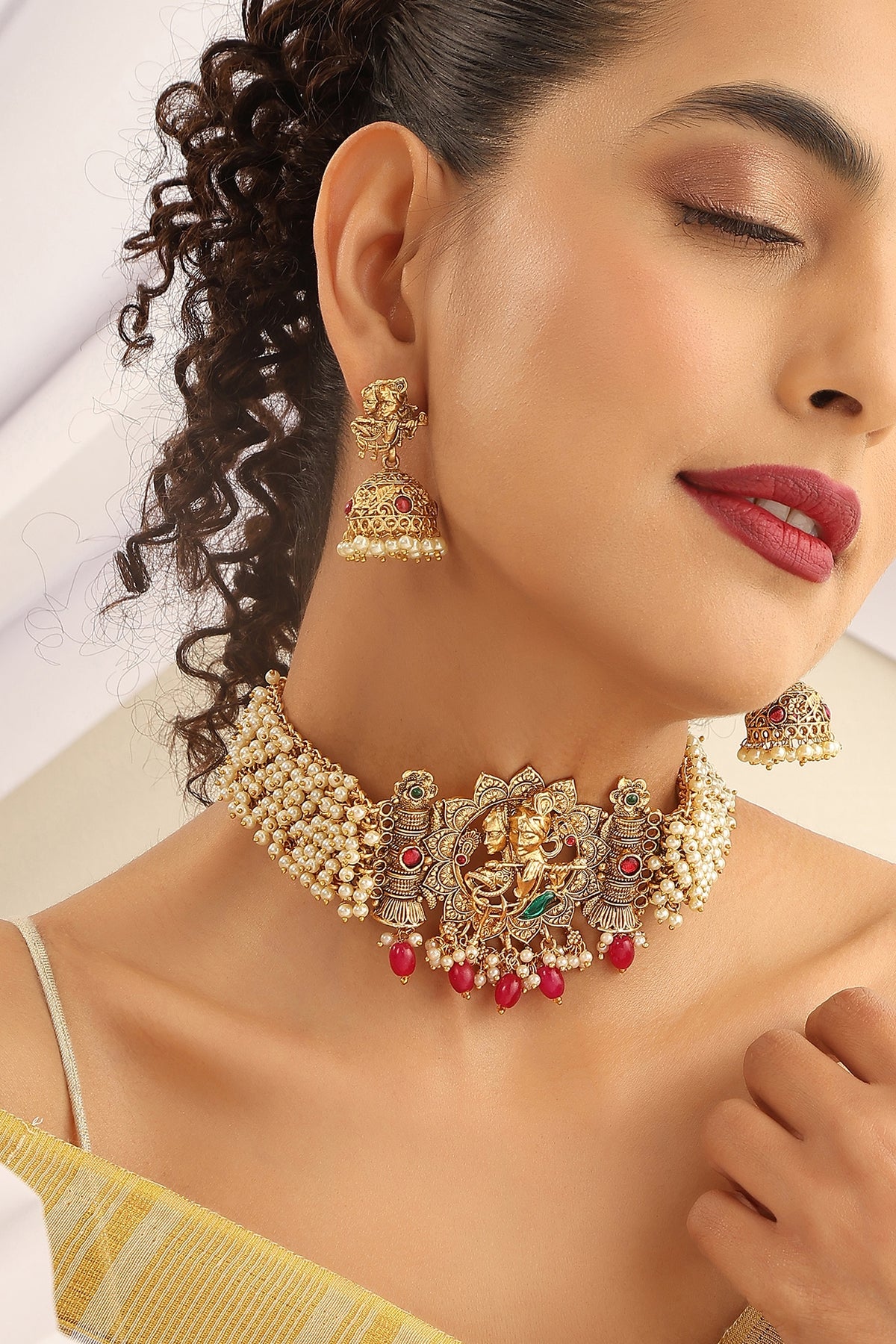 Gold Finish Handcrafted Red & Green Stone Temple Choker Necklace Set