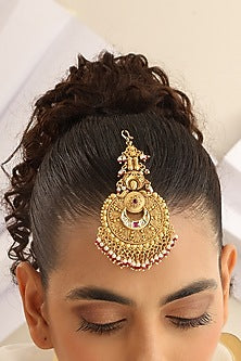 Gold Finish Red Stone Temple Maangtikka