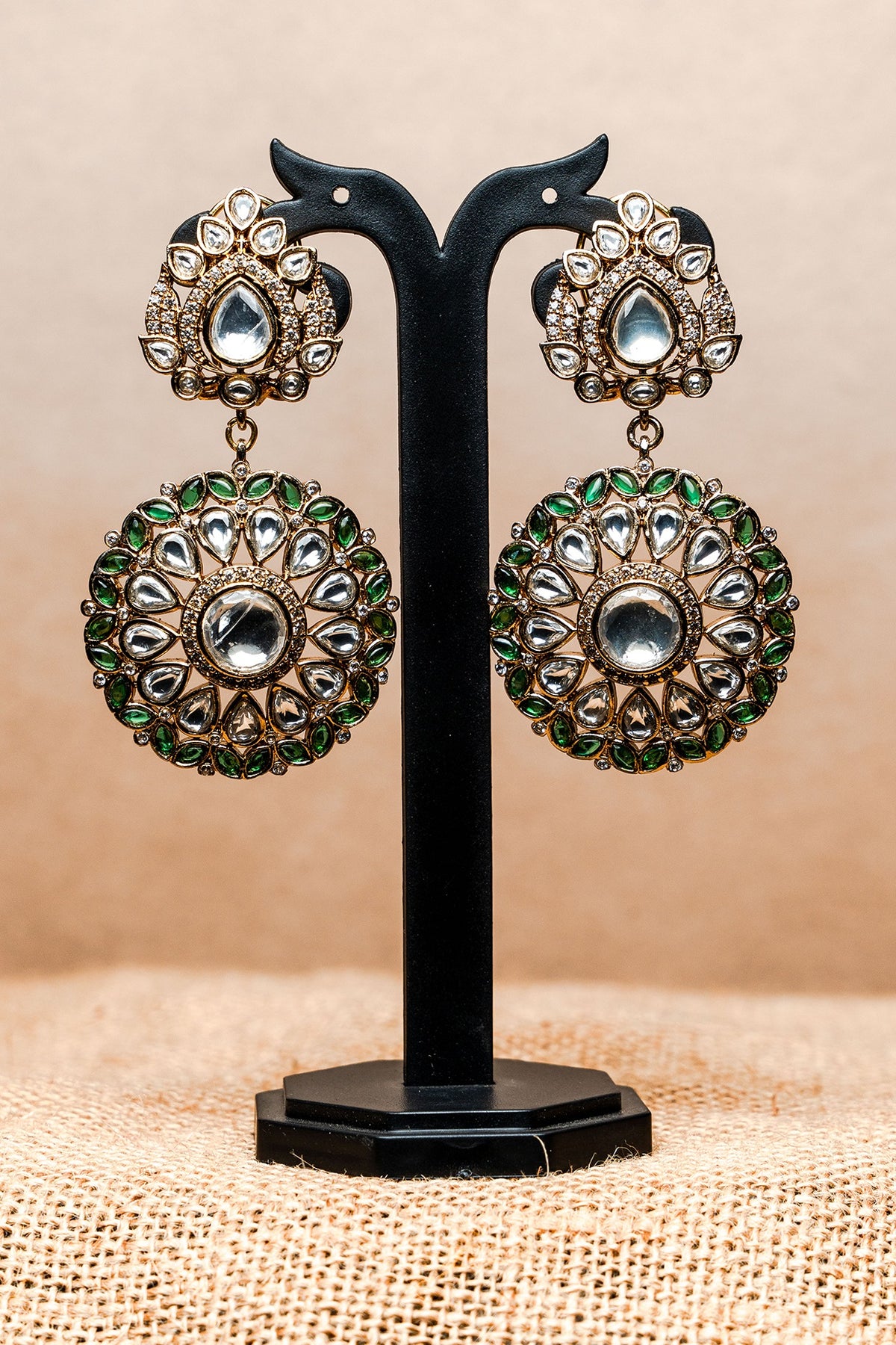 Black Rhodium Finish Kundan Polki & Emerald Dangler Earrings