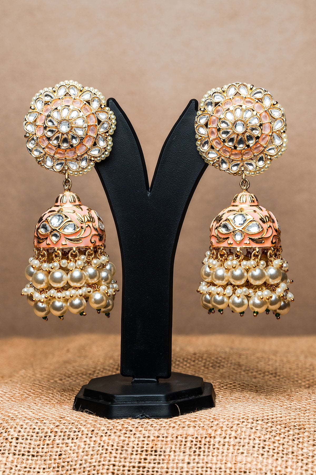 Gold Finish Kundan Polki & Pearl Jhumka Earrings