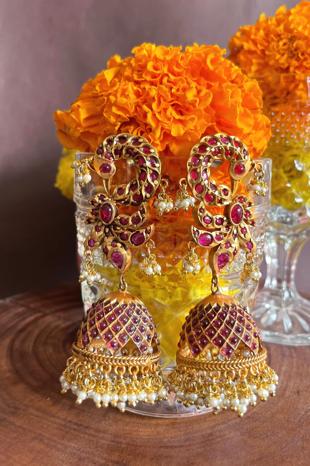 Gold Finish Semi-Precious Ruby Stone & Kundan Polki Jhumka Earrings