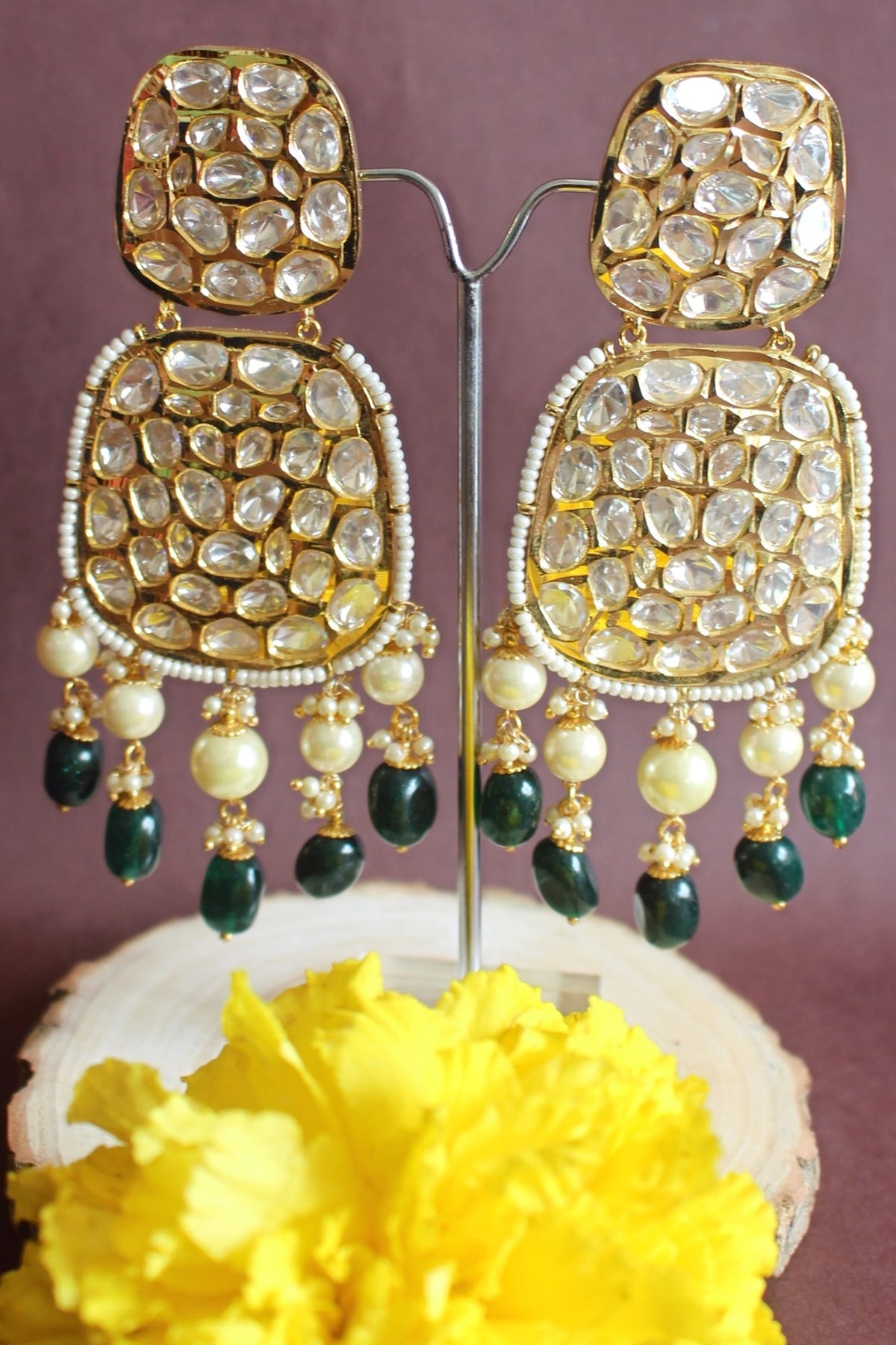 Gold Finish Kundan Polki & Pearl Dangler Earrings