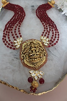 Gold Finish Maroon Beaded & Jadau Temple Long Necklace