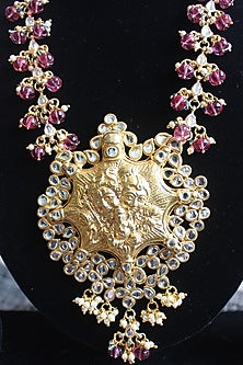 Gold Finish Red Semi-Precious Beaded Temple Long Necklace