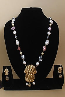 Gold Finish Pearl & Baroque Temple Long Necklace