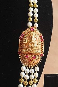 Gold Finish Beaded & Pearl Temple Long Necklace
