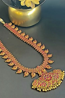 Gold Finish Stone Temple Long Necklace