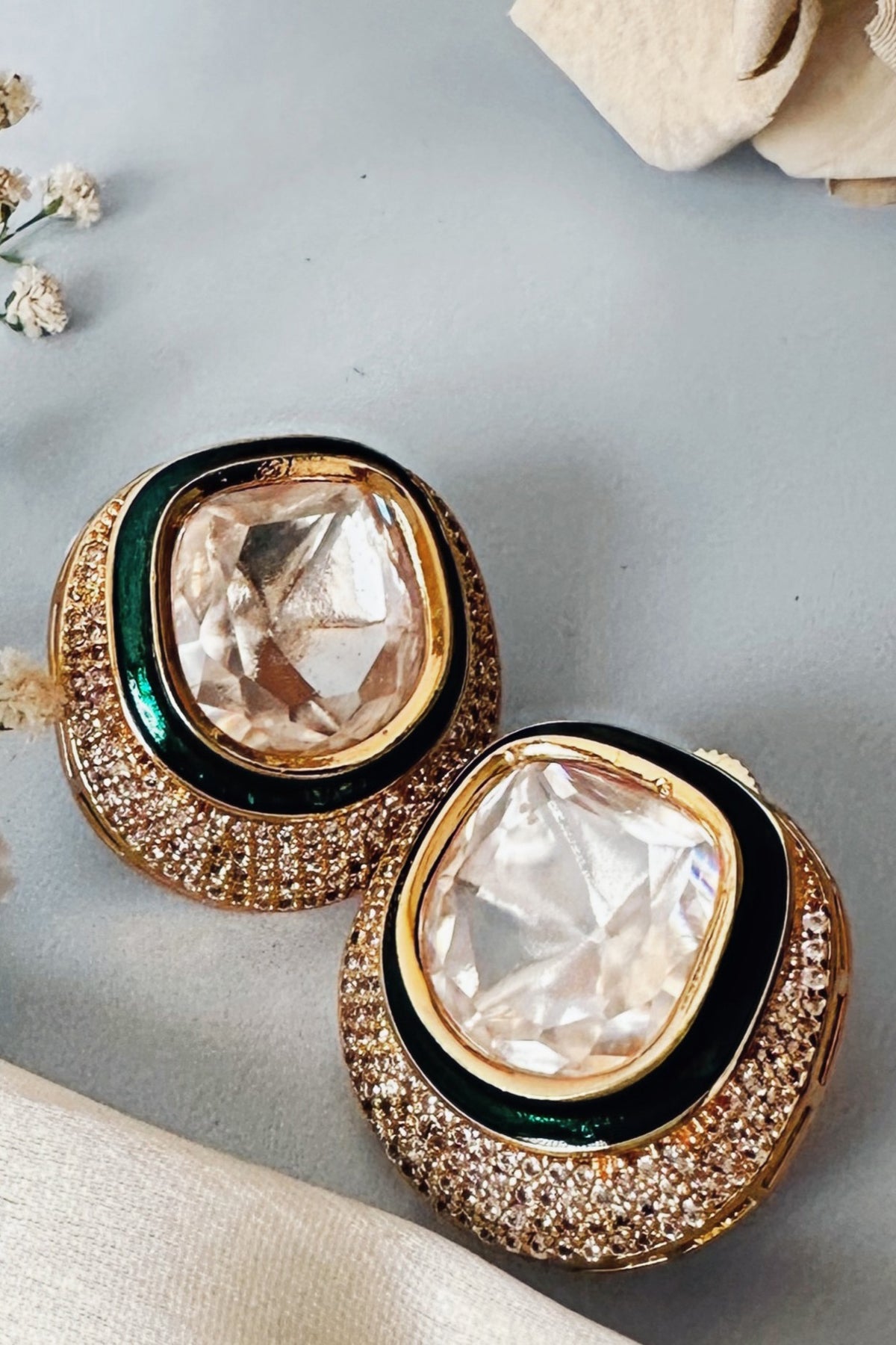 Gold Finish Kundan Polki Stud Earrings