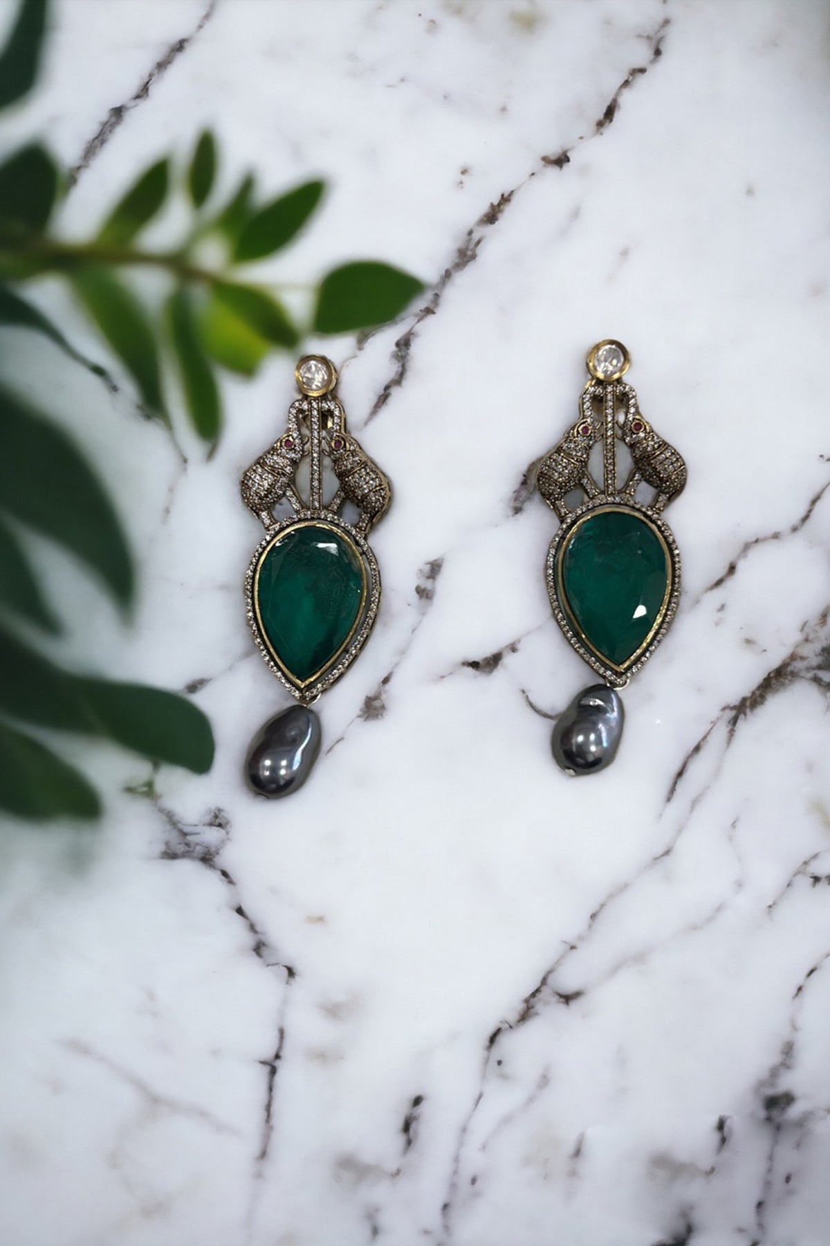 Black Rhodium Finish CZ Stone & Emerald Doublet Stone Stud Earrings