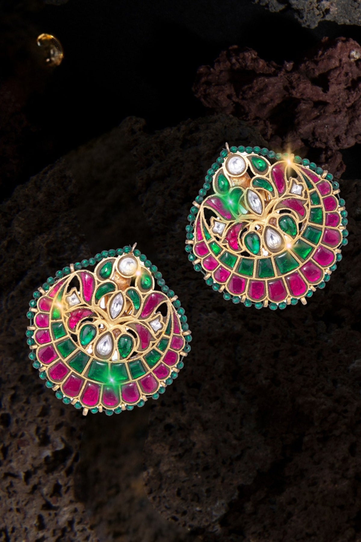 Gold Finish Kundan Polki & Green Stone Jadau Dangler Earrings