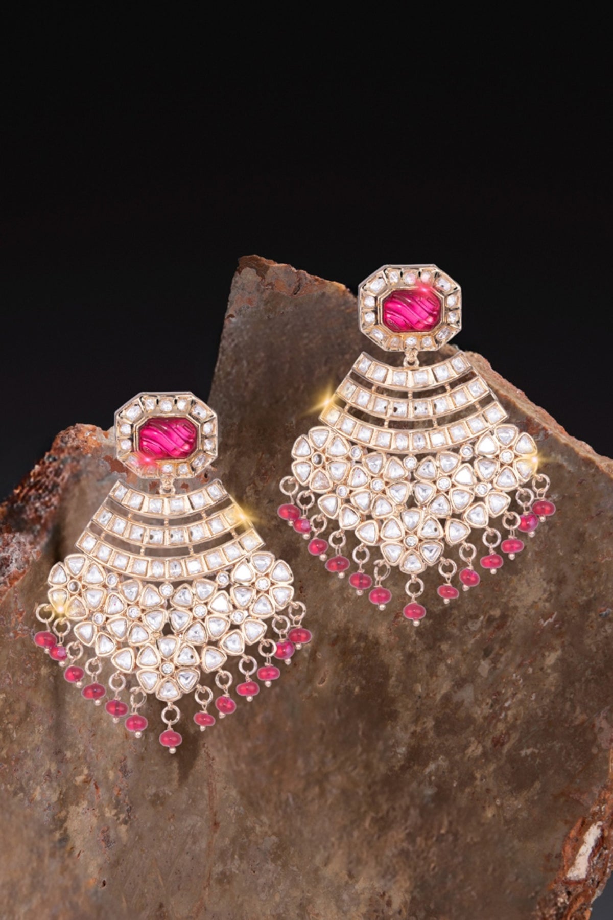 Gold Finish Kundan Polki & Red Semi-Precious Beaded Dangler Earrings