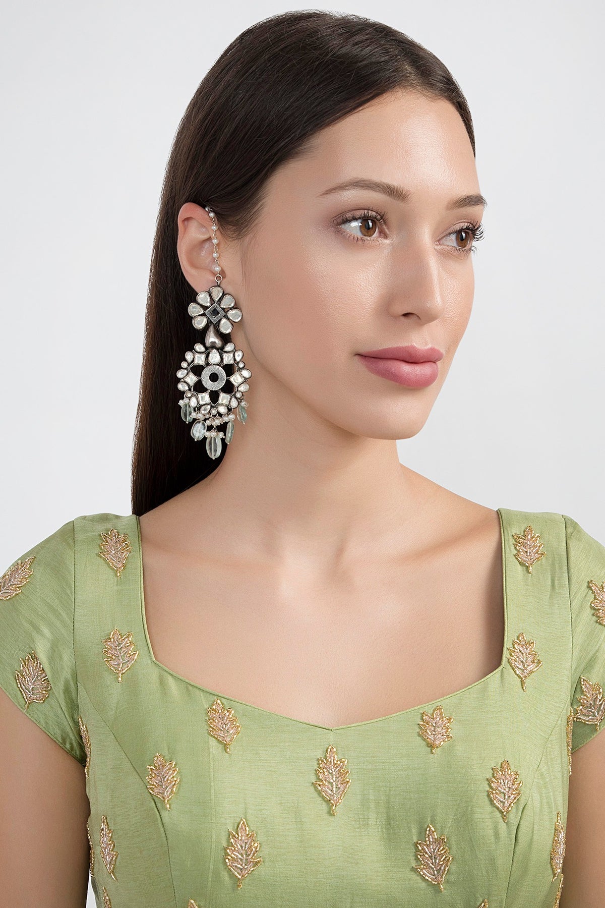 Oxidised Silver Finish Polki Earrings