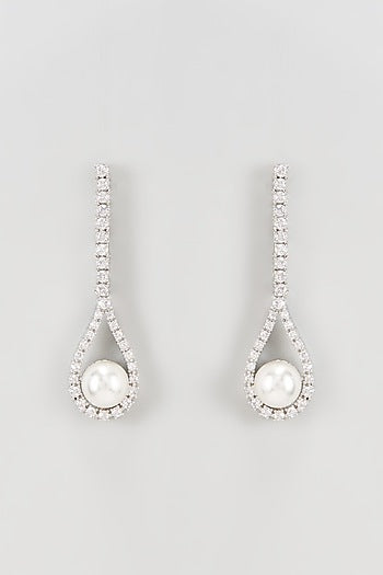 White Rhodium Finish Faux Diamond Dangler Earrings