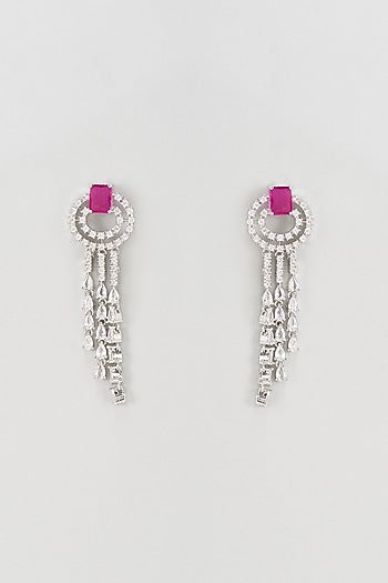 White Rhodium Finish Faux Diamond & Ruby Stones Dangler Earrings