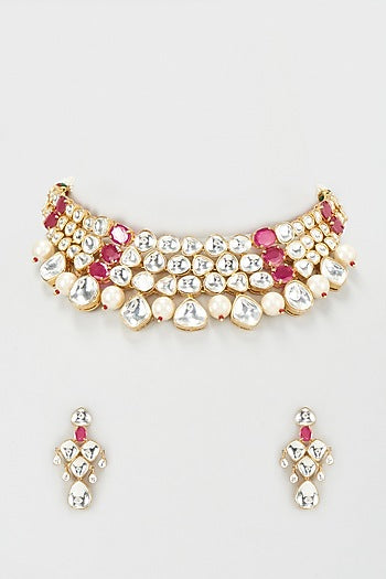 Gold Plated Kundan Polki & Ruby Choker Necklace Set