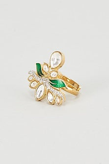 Gold Plated Kundan Polki & Green Stones Ring