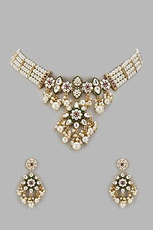 Gold Plated Kundan Polki & Pearl Enameled Choker Necklace Set