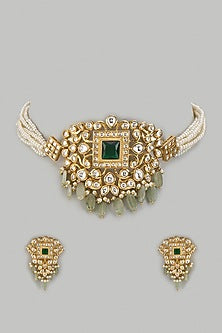 Gold Plated Kundan Polki & Green Beaded Choker Necklace Set