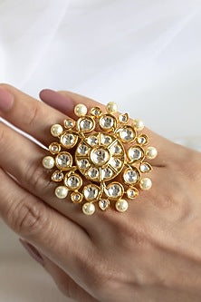 Gold Finish Kundan Polki & Pearls Ring