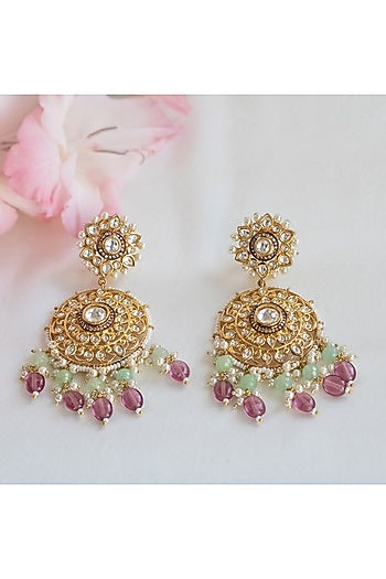 Gold Finish Kundan & Pearls Dangler Earrings