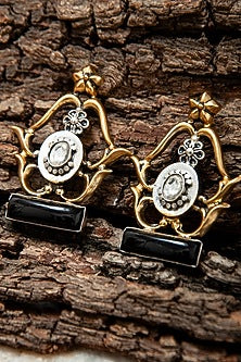 Gold Plated Kundan Polki & Black Onyx Stud Earrings In Sterling Silver