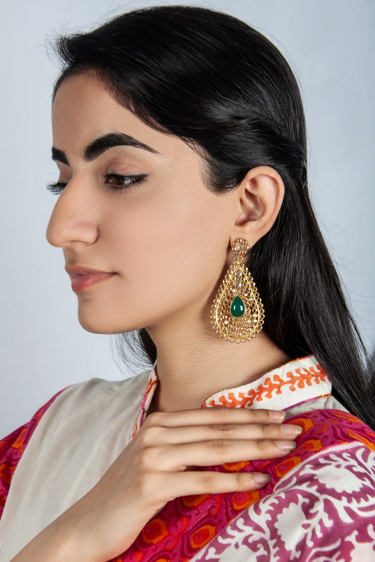 Gold Plated Crystal & Green Onyx Dangler Earrings In Sterling Silver