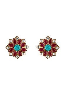 Gold Plated Turquoise & Ruby Stud Earrings In Sterling Silver