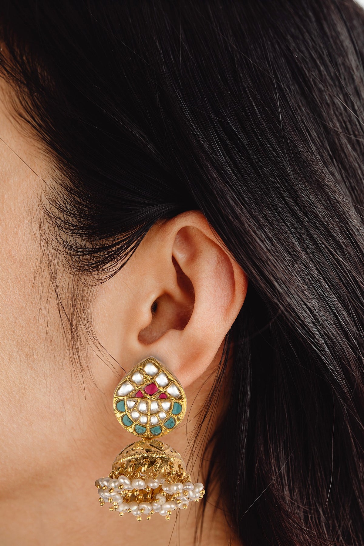 Gold Finish Kundan Polki Jhumka Earrings In Sterling Silver