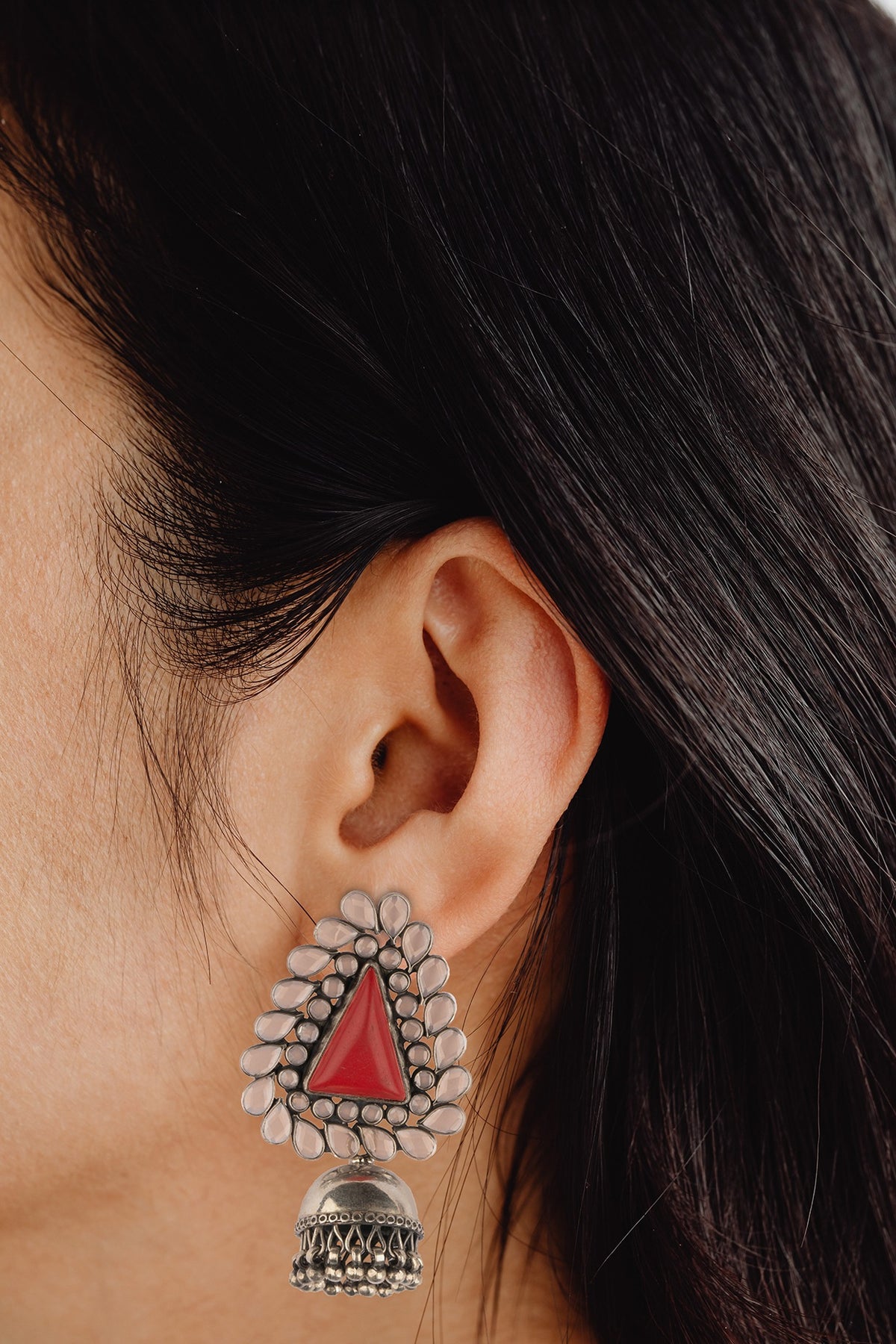 Black Rhodium Finish Coral Stone Jhumka Earrings In Sterling Silver