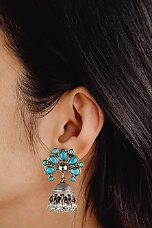 Black Rhodium Finish Turquoise Stone Jhumka Earrings In Sterling Silver