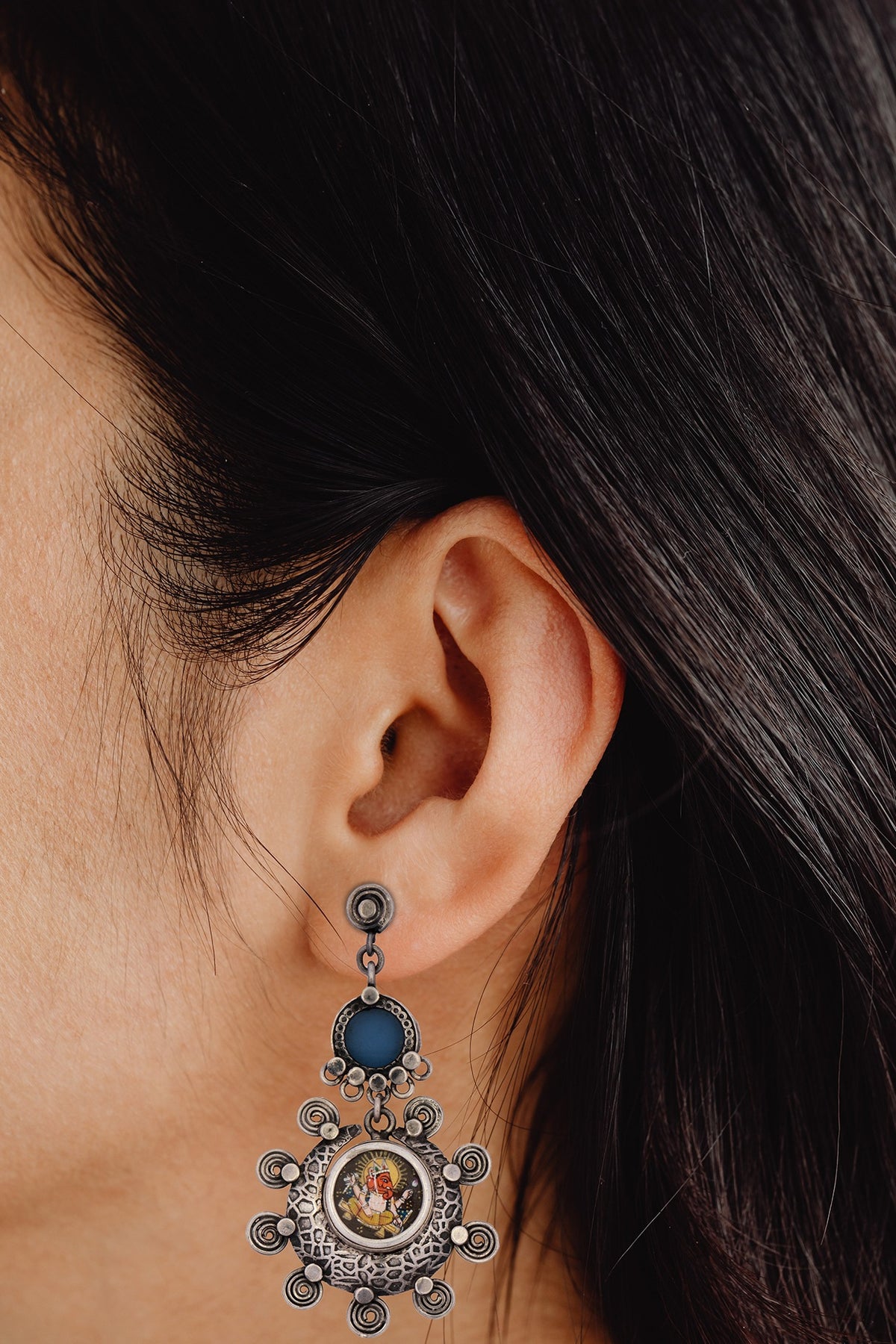 Black Rhodium Finish Synthetic Stone Dangler Earrings In Sterling Silver