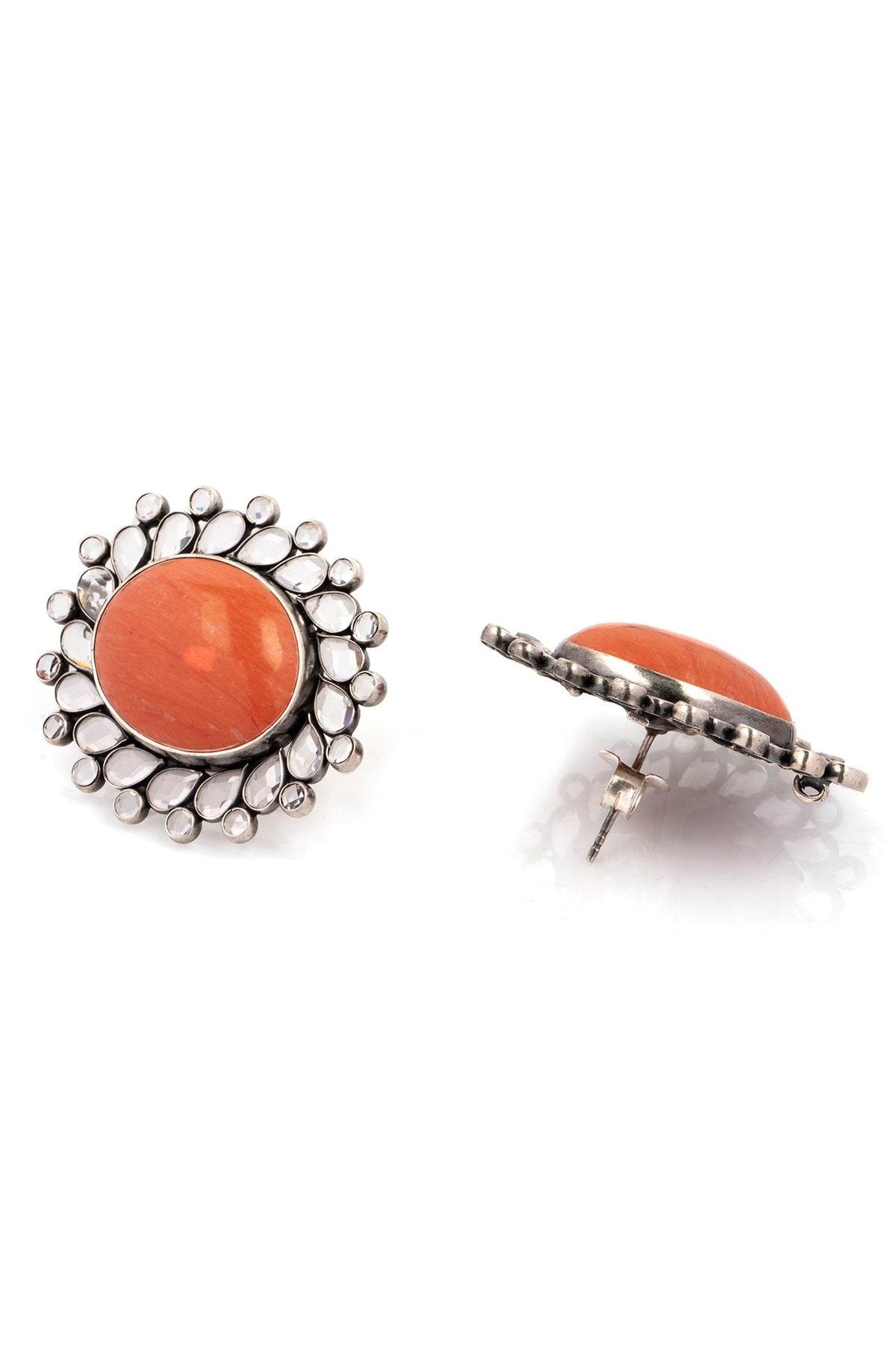 Silver Finish Coral Stone Stud Earrings In Sterling Silver
