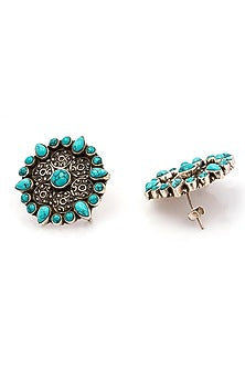 Black Rhodium Finish Turquoise Stone Stud Earrings In Sterling Silver