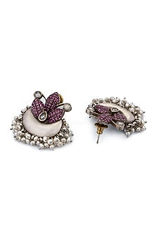 Black Rhodium Finish Pearl Floral Stud Earrings In Sterling Silver