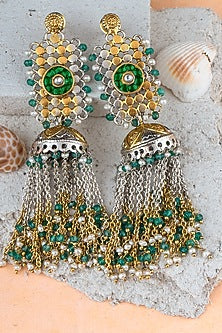 Two-Tone Finish Kundan Polki Jhumka Earrings In Sterling Silver