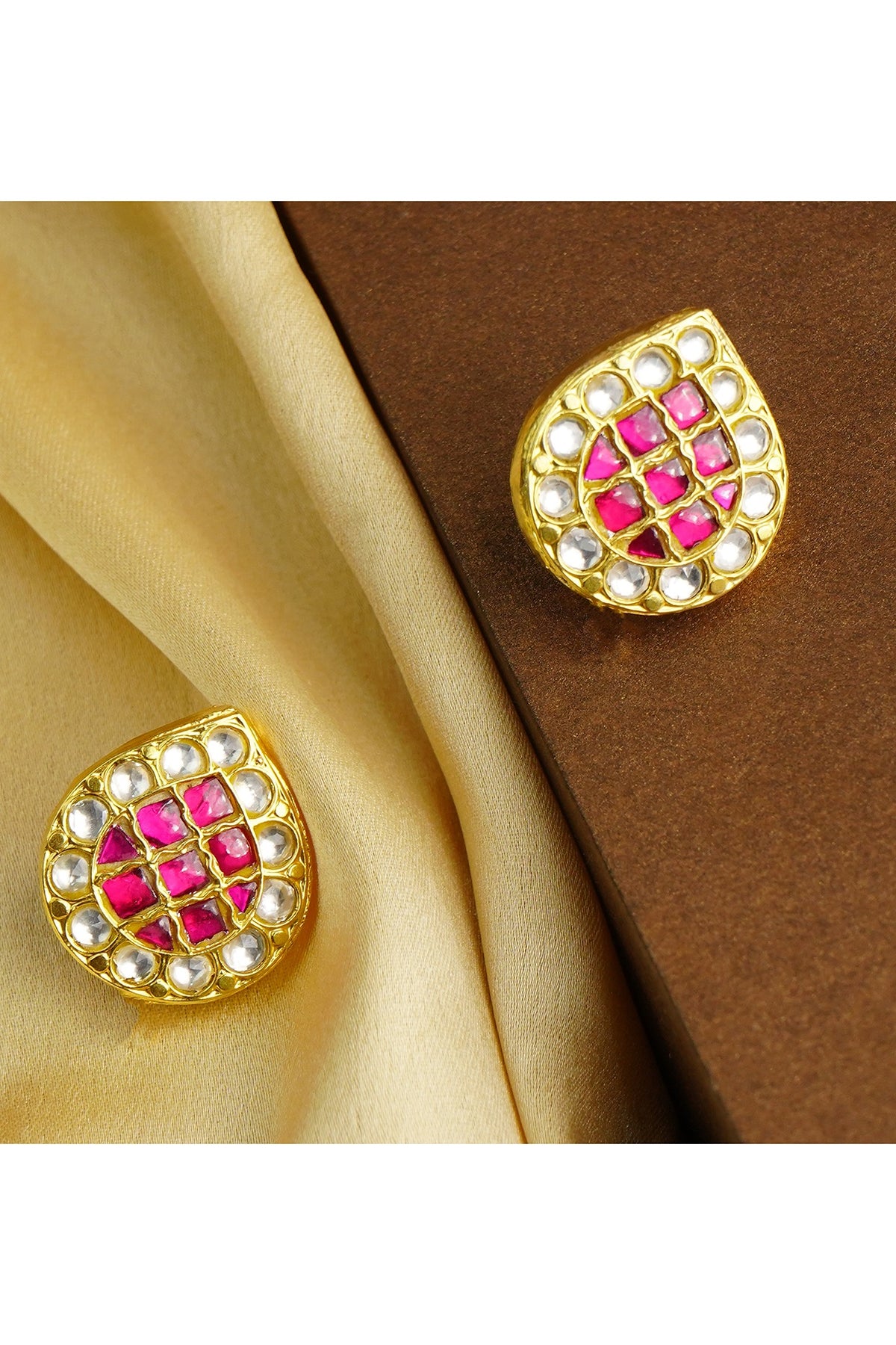 Gold Finish White & Red Kundan Polki Stud Earrings In Sterling Silver