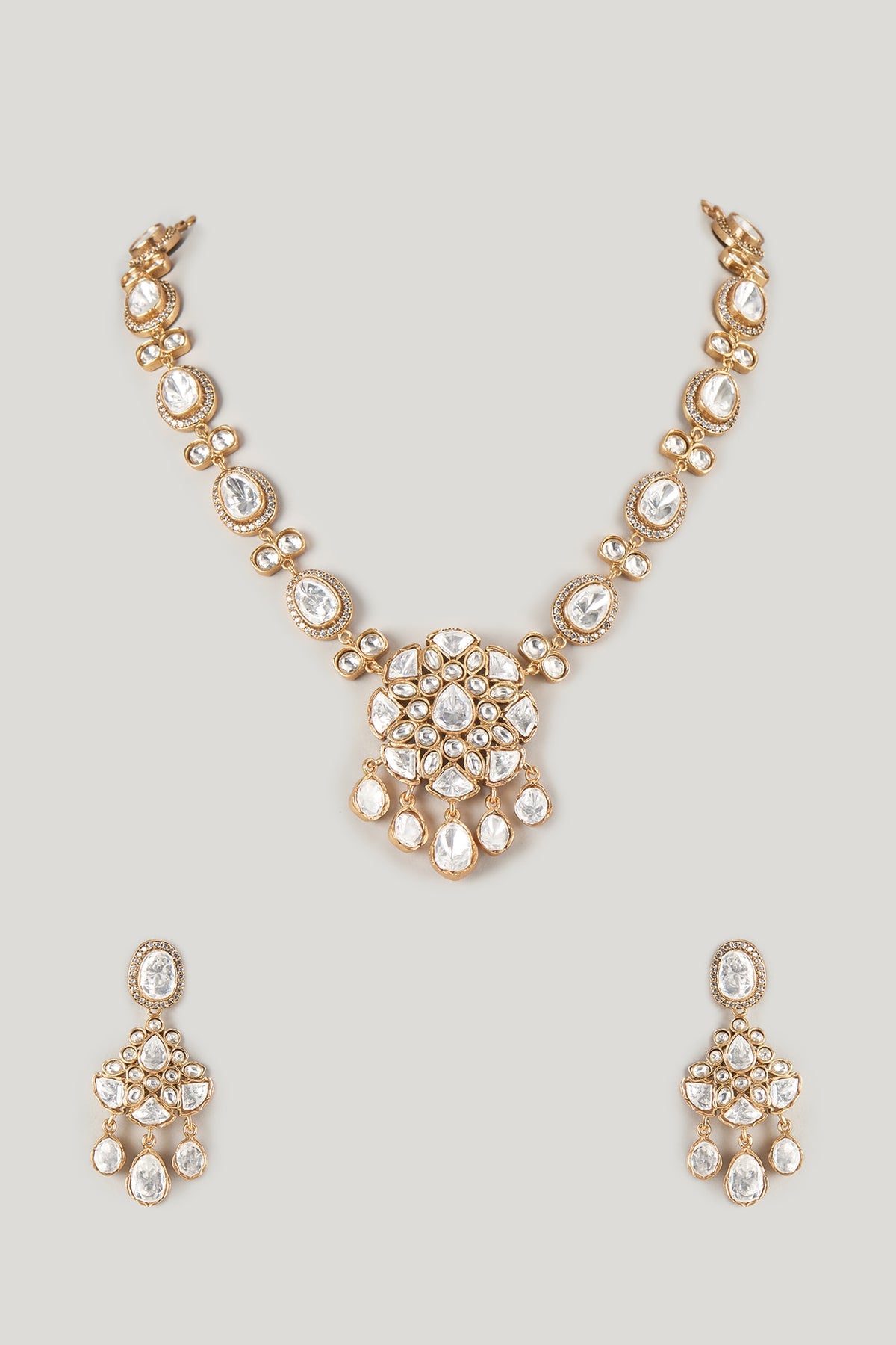 Micro Gold Finish Moissanite Polki Long Necklace Set